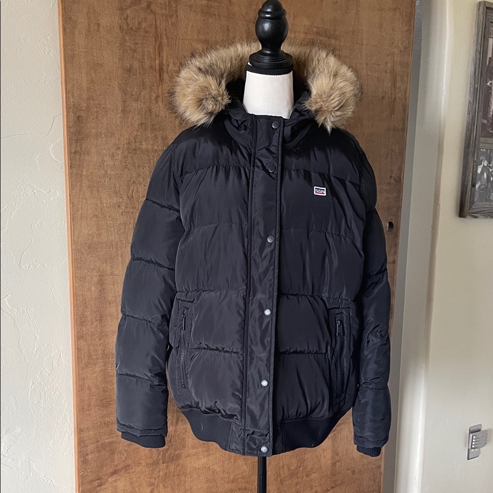 Black Levi Puffer Jacket with Faux Fur Hood